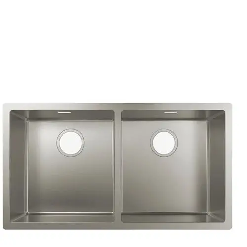 Edelstahlspüle von Hansgrohe mit zwei gleich großen Becken und runden Abflussöffnungen. Unterbauweise für die Installation in Arbeitsplatten.